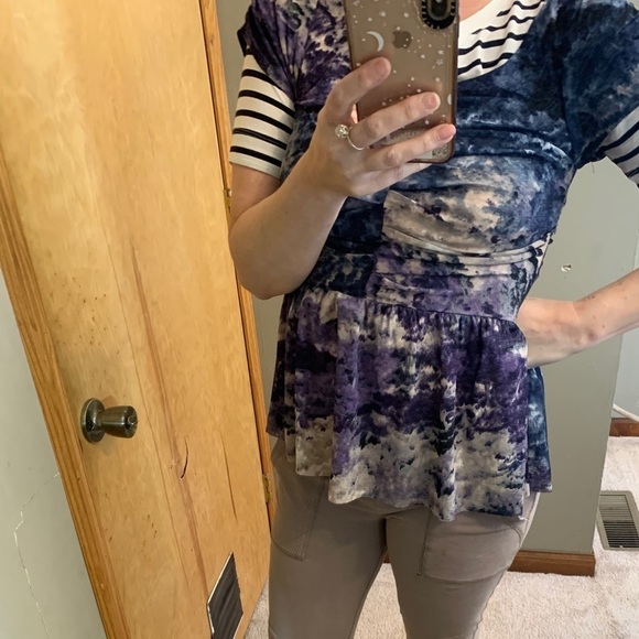 Anthropologie Postmark Y2K Watercolor Ruched Mesh on Mesh Peplum Top - Picture 3 of 12